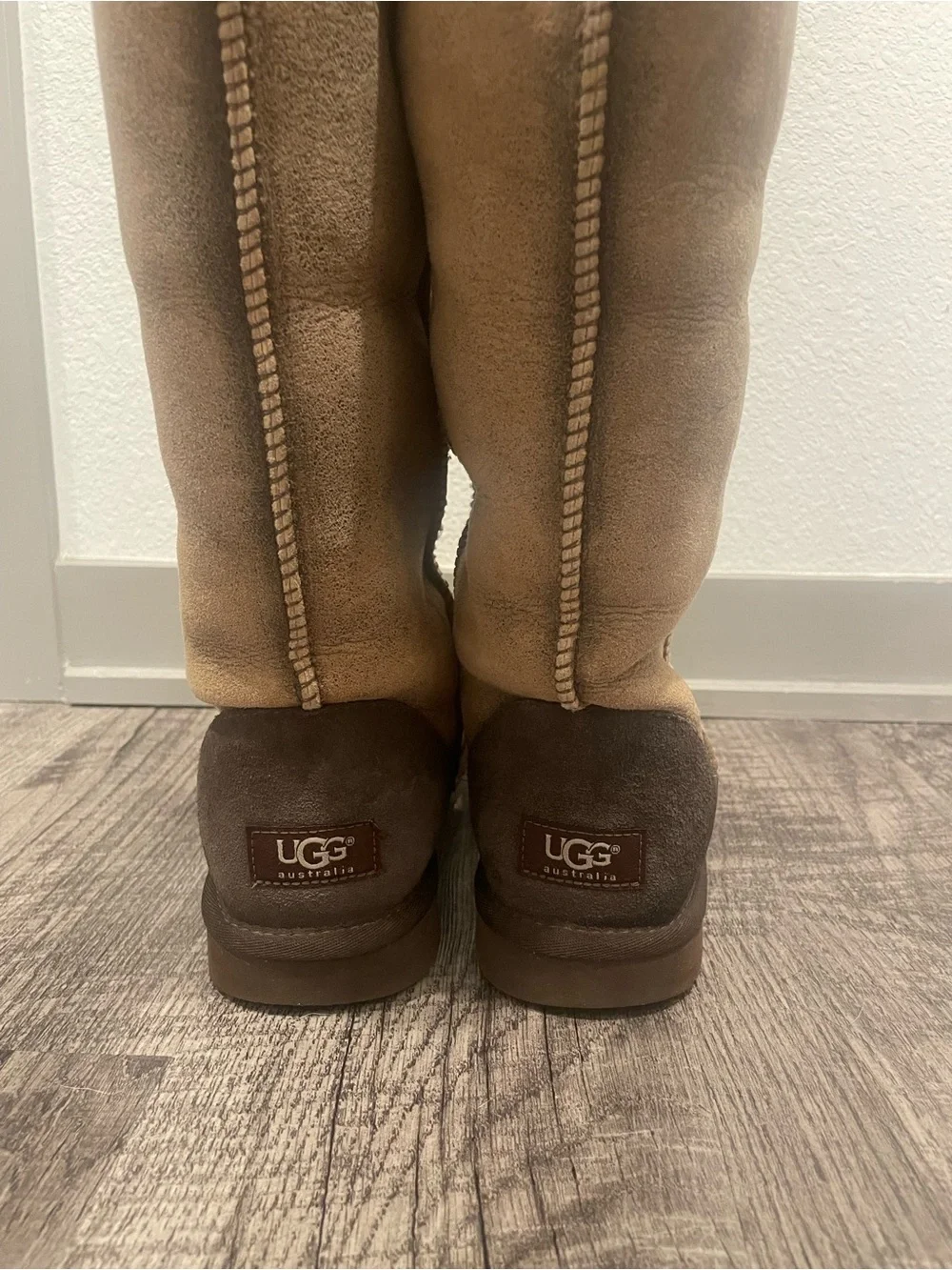 UGG Tall Suede Shearling Winter Boots in Tan with Cream Cuff